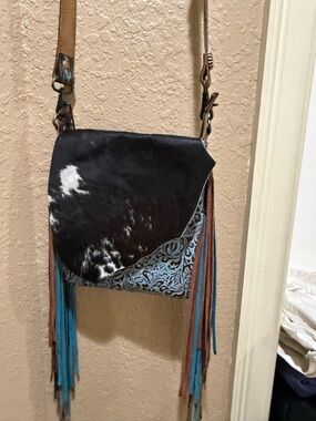 Myra Western Fringe Crossbody Bag with Cowhide Flap - Black & Blue BNWT
